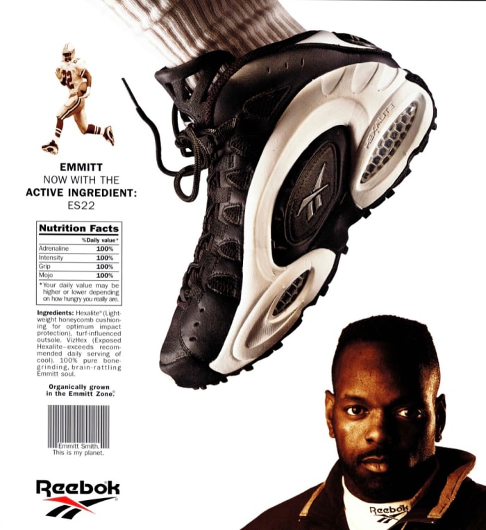 A vintage promotional poster for Emmitt Smith's Reebok shoes.
